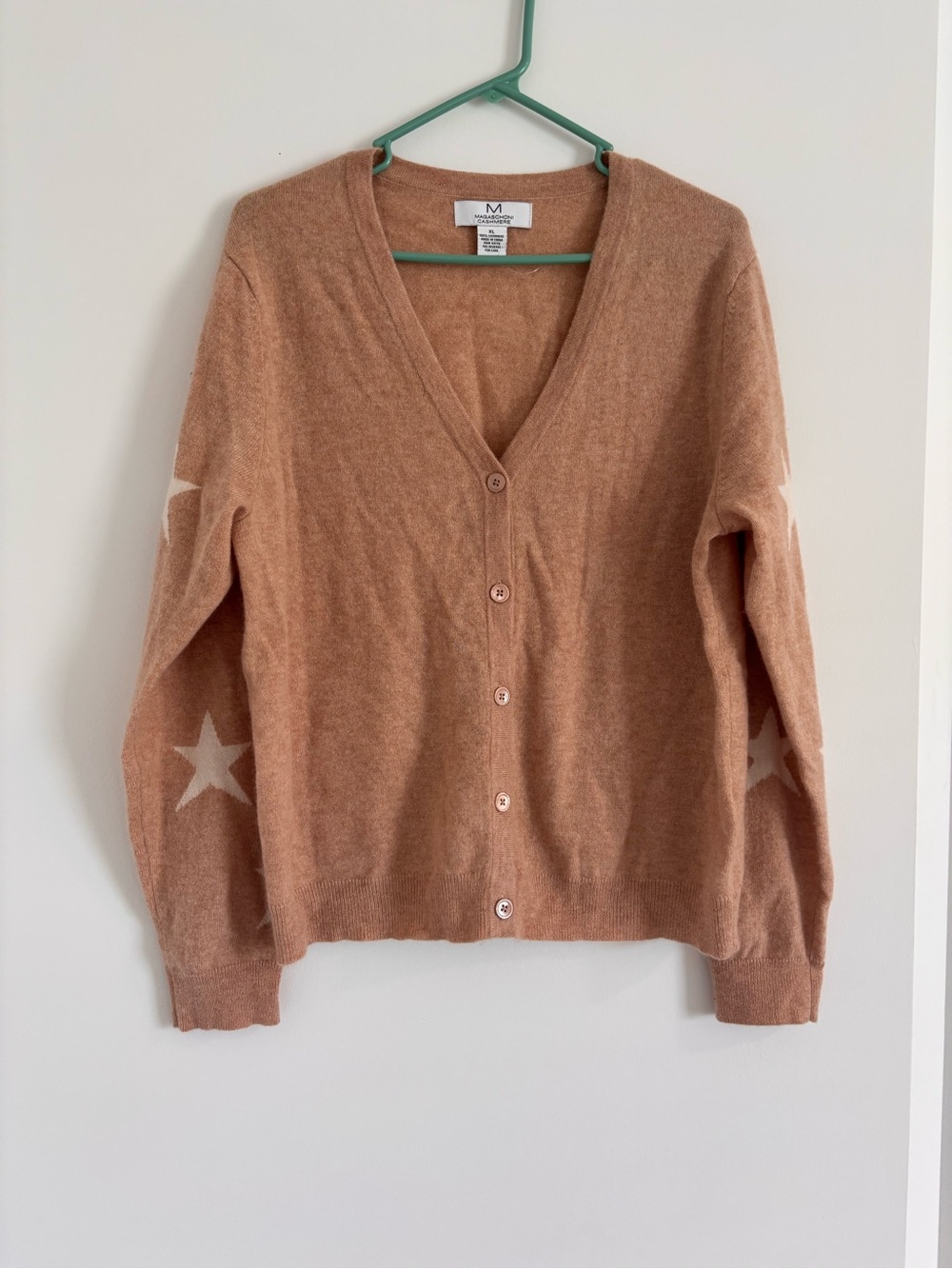 Magaschoni Tan Cashmere V-Neck Cardigan with White Star Sleeves